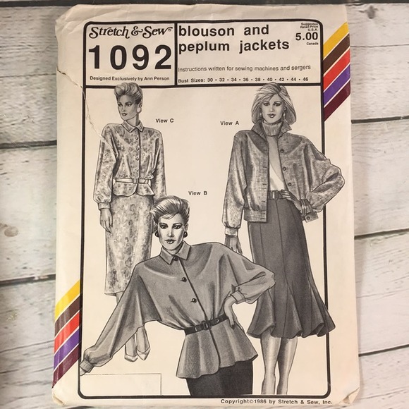 Vintage Stretch & Sew 1092 Blouson & Peplum Jacket Sewing‎ Pattern Bust Sz 30-46 - Picture 1 of 11